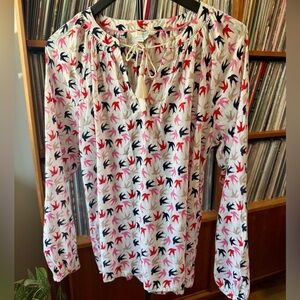 Boden Bird-Print Peasant Blouse with Tassel Tie